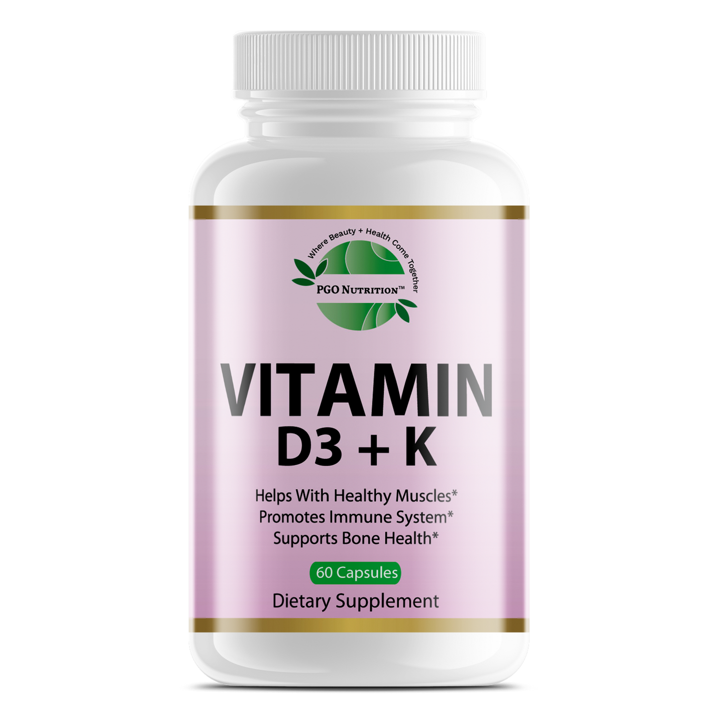 Vitamin D3+K2 Supplement with Calcium, 5,000IU D3, 100mcg K2, 210mg Calcium, 60 Capsules